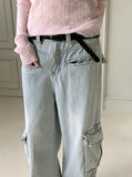Washed Pocket Cargo Light Blue Long Wide Denim Pants