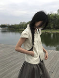 Lambs Button Collar Shirred Puff Blouse Shirt