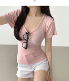 Deep U-neck Square Neck Slim Fit Short Sleeve T-Shirt
