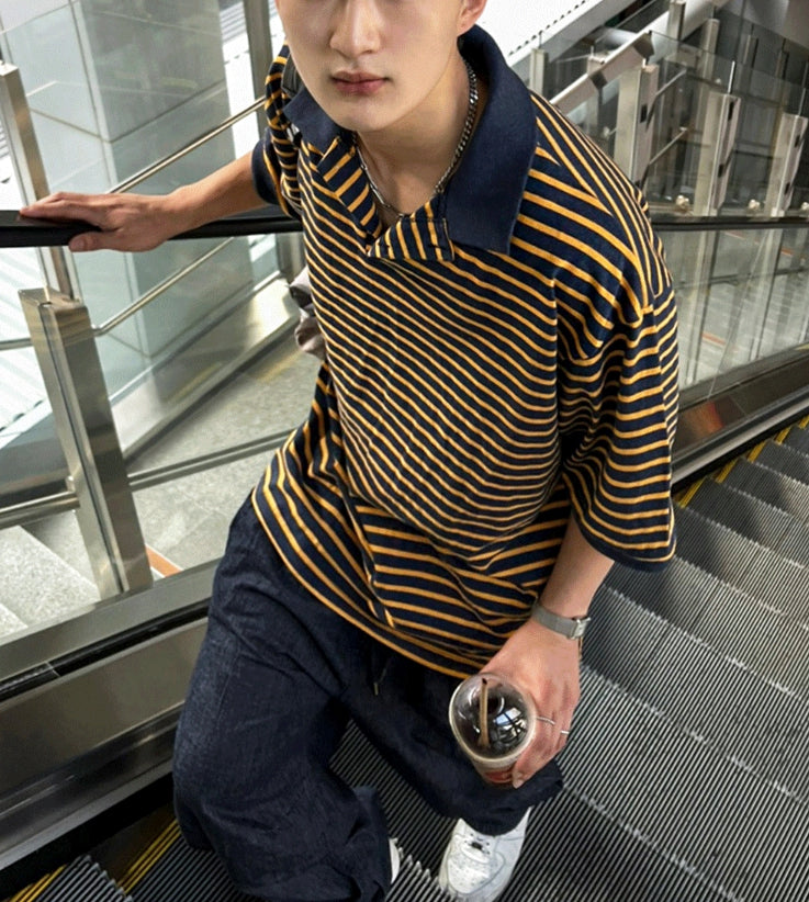 【COSYHARU】Color scheme stripe collar tee COSYHARU (コシハル) - カラーストライプ襟付きTシャツ / Color