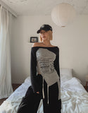 Butterful Lettering Unbalanced Off-Shoulder Long Sleeve