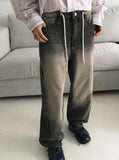 teki string washing wide denim pants