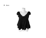 Amu Lace Frill Button Puff Short Sleeve Blouse