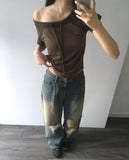 Chenle Stripe Off-Shoulder Short Sleeve T-Shirt