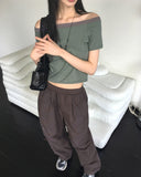 Rutot Stripe Color Matching Off-Shoulder Short-Sleeved T-Shirt