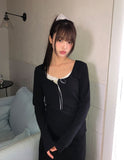 Dew Lace Loose Fit Button Shirring Long Sleeve T-Shirt