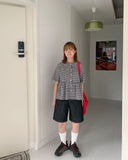 Mingo Check Shirring Short Sleeve Blouse