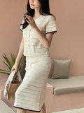 [Knit Two-Piece] Cel Openwork Collar Color Matching Knit Long Skirt