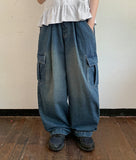 Senmo washed denim banding wide cargo pants