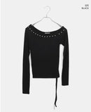Yushi Stud Strap Unbalanced One Off Shoulder Long Sleeve T-Shirt