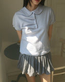 Polat Dot Pintuck Collar Short Sleeve T-Shirt