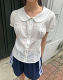 Jenny Round Collar Pin Tuck Lace Puff Short Sleeve Blouse
