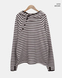 Taen Diagonal Button Stripe Hooded T-Shirt