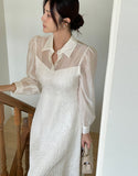 Ales color matching chiffon jacquard flared one piece