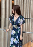 Valia V-neck Flower Span Slit One Piece