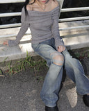 Vision Belt Buckle Shirring Ribbed Off-Shoulder T-Shirt