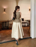 Okan Round Neck Pintuck Sleeveless Blouse (Belt Set)