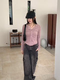 Tully Bokashi Shirring Ribbed Collar Button Long Sleeve Cardigan