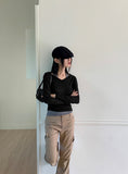 Ripple Halter Layered V-Neck Cropped Long Sleeve T-Shirt