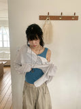 Dre Stripe Summer Button Off-Shoulder Long Sleeve Tee