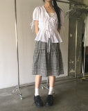 Etched puff ribbon pin tuck blouse