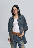 Sia damage washed denim short-sleeved shirt