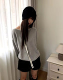 [Muffler SET] Mavin Lip Neck Color Matching One Off Shoulder Wool Long Sleeve Knit