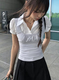 Mindum Fake Layered Shirring Bustier Puff Shirt