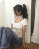 [Muffler set] Kabel lace frill pendant short sleeve t-shirt