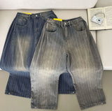 Stripe Folding Hem Snap Wide Denim Pants