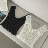 Feminine Sexy Ribbon Shirring Smoked Banding Sleeveless Blouse