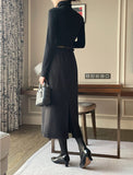 Cre wool pin tuck H-line slit long skirt (belt set)