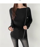 Boat Neck Off-Shoulder Knit Long Sleeve Slit Slim Fit T-Shirt