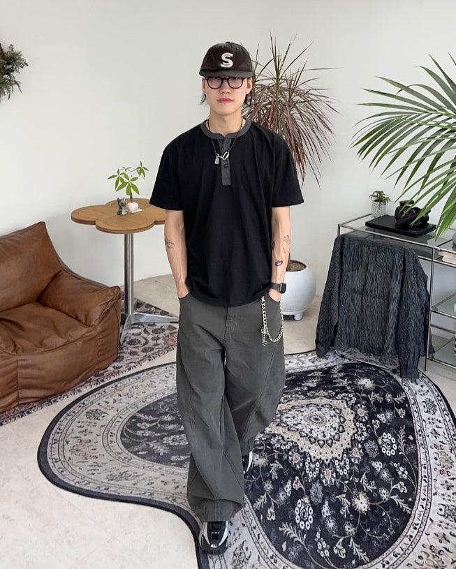 【SATIIIZ】Payro Henry Neck T-Shirt Payro Henry Neck T-Shirt - satiiiz