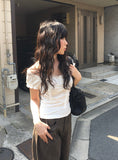 [Scarf set] Junku Lace Shirring Short Sleeve T-Shirt Set
