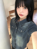 Markle pocket slim washed denim cropped short-sleeved shirt