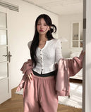 Mude V-Neck Slim Ribbed Knit Cardigan