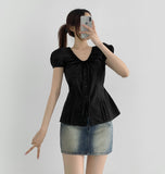 Balloon Soft Fit Ribbon Strap Short Sleeve Blouse