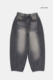 Deep side fold balloon denim pants