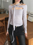 Belver unbalanced slit strap bony roll cropped long-sleeved T-shirt