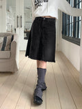 Barmmet Vintage Washing Slit Half-Length Midi Denim Skirt