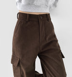 Golden Corduroy Cargo Veloa Fleece Long Wide Pants