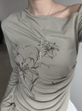 Ink Painting Flower One-Shoulder Off-Tee