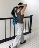 Satin Linen Stripe Wide Banding Long Pants