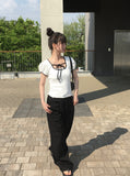 Demin Flower Ribbon Puff Short Sleeve T-Shirt