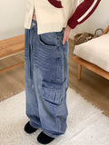 Turbine Strap Cargo Pocket Washing Denim Long Wide Pants