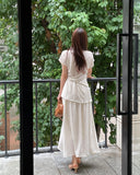 [Two-piece set] Lydia Belt Strap Linen Tee Blouse Banding Flare Skirt