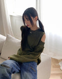 Fluf Ribbed Round Shoulder Slit Long Sleeve Knit