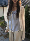 Modern Stripe Ribbon Shirring Color Matching Sleeveless
