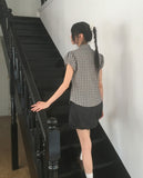 Chili Check Frill Puff Short Sleeve Blouse